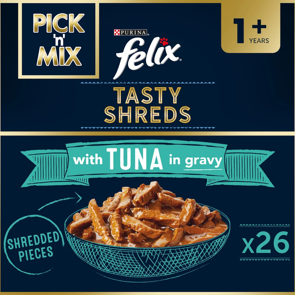 Felix Tasty Shreds Adult Wet Cat Food with Tuna in Gravy 26x80g Image 1