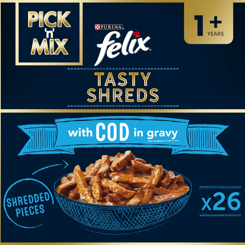 Felix Tasty Shreds Adult Wet Cat Food with Cod in Gravy 26x80g Image 1