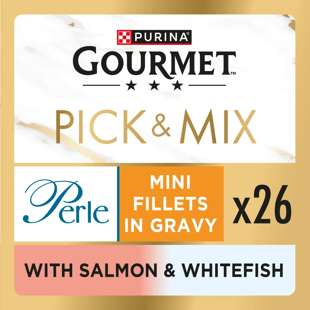 GOURMET Perle Mini Fillets in Gravy with Salmon & White Fish Adult Wet Cat Food 26x85g Image 1