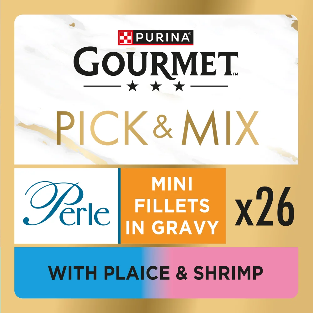 GOURMET Perle Mini Fillets in Gravy with Plaice & Shrimp Adult Wet Cat Food 26x85g Image 1