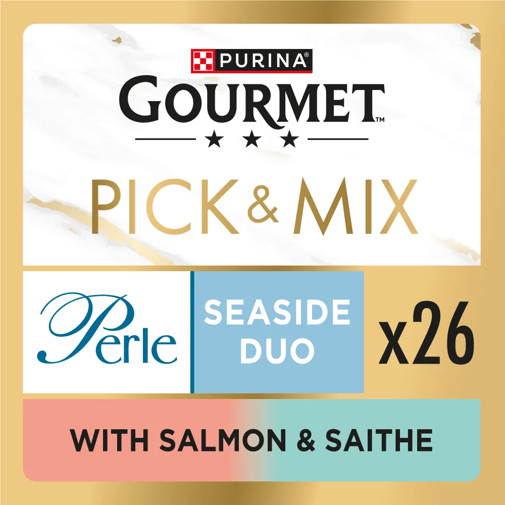 GOURMET Perle Seaside Duo in Gravy with Salmon & Saithe Adult Wet Cat Food 26x85g Image 1