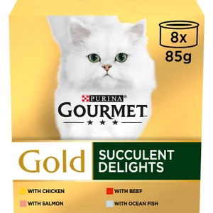 GOURMET Gold Succulent Delights with Chicken, Salmon, Beef & Ocean Fish Wet Cat Food 8x85g