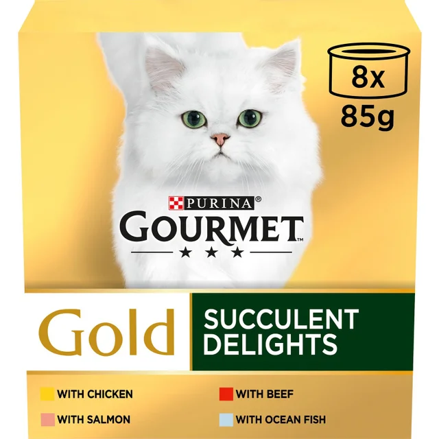 GOURMET Gold Succulent Delights with Chicken, Salmon, Beef & Ocean Fish Wet Cat Food 8x85g