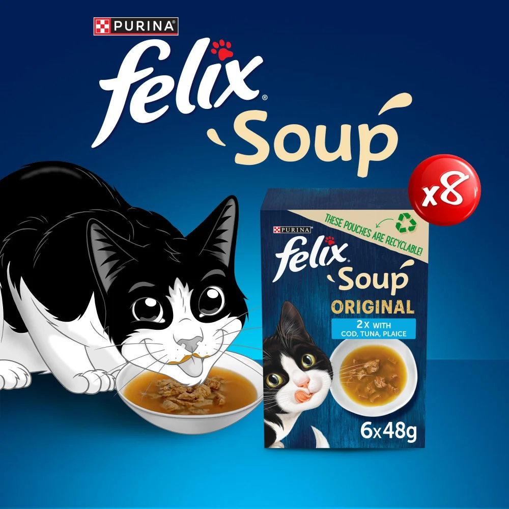Felix Soup Fish Selection with Plaice, Tuna & Cod Adult Wet Cat Food 48x48g Image 1