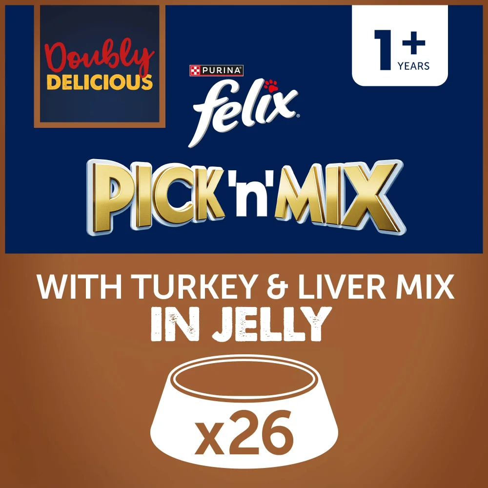 Felix Doubly Delicious Adult Wet Cat Food with Turkey & Liver in Jelly 26x85g Image 1