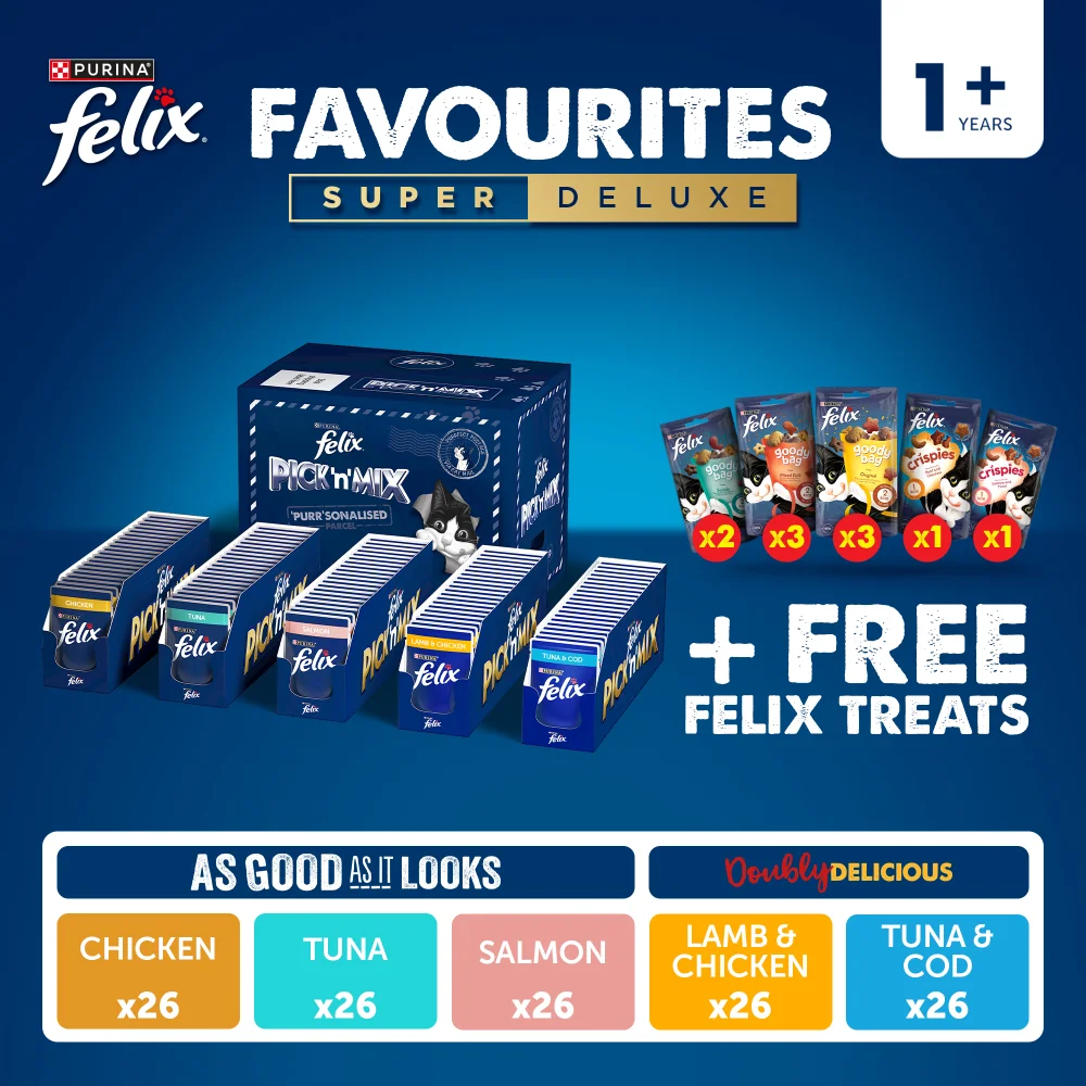Felix Favourites Pre-Mixed Super Deluxe Bundle Adult Wet Cat Food 130x85g + 10 Felix Treats Image 1
