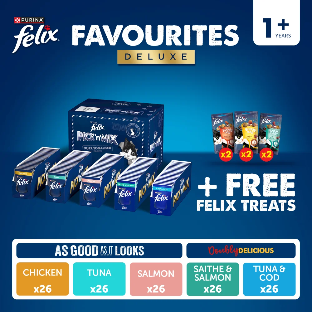 Felix Favourites Pre-Mixed Deluxe Bundle Adult Wet Cat Food 130x85g + 6 Goody Bag Treats Image 1