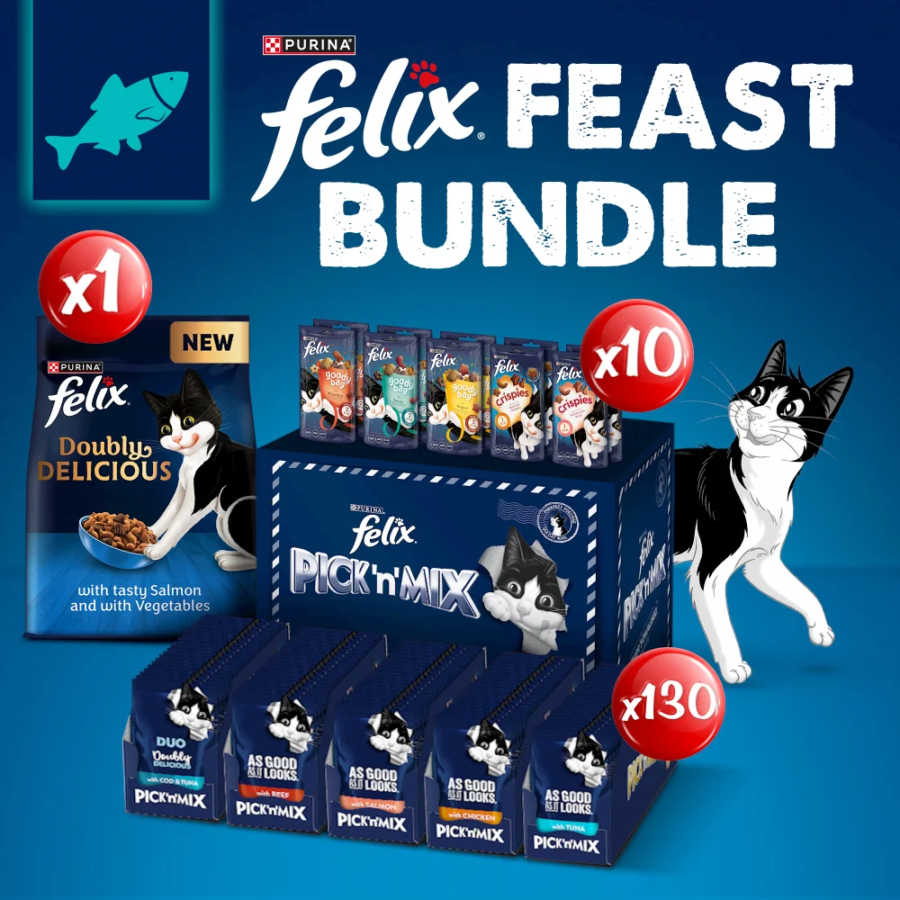 Felix Feast Pre-Mixed Bundle Adult Wet Cat Food 130x85g + Doubly Delicious Fish Dry Cat Food 2kg + 10 Felix Treats Image 1