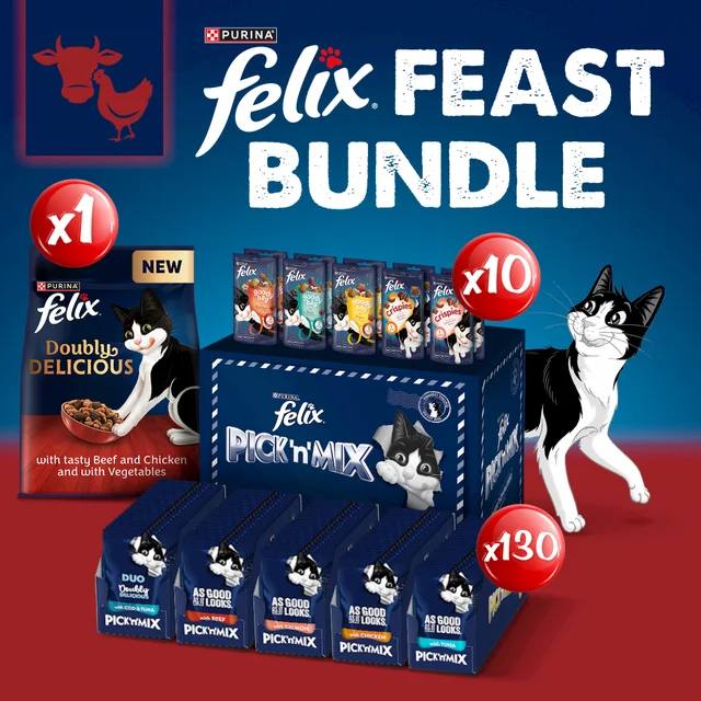 Felix Feast Pre-Mixed Bundle Adult Wet Cat Food 130x85g + Doubly Delicious Meat Dry Cat Food 2kg + 10 Felix Treats