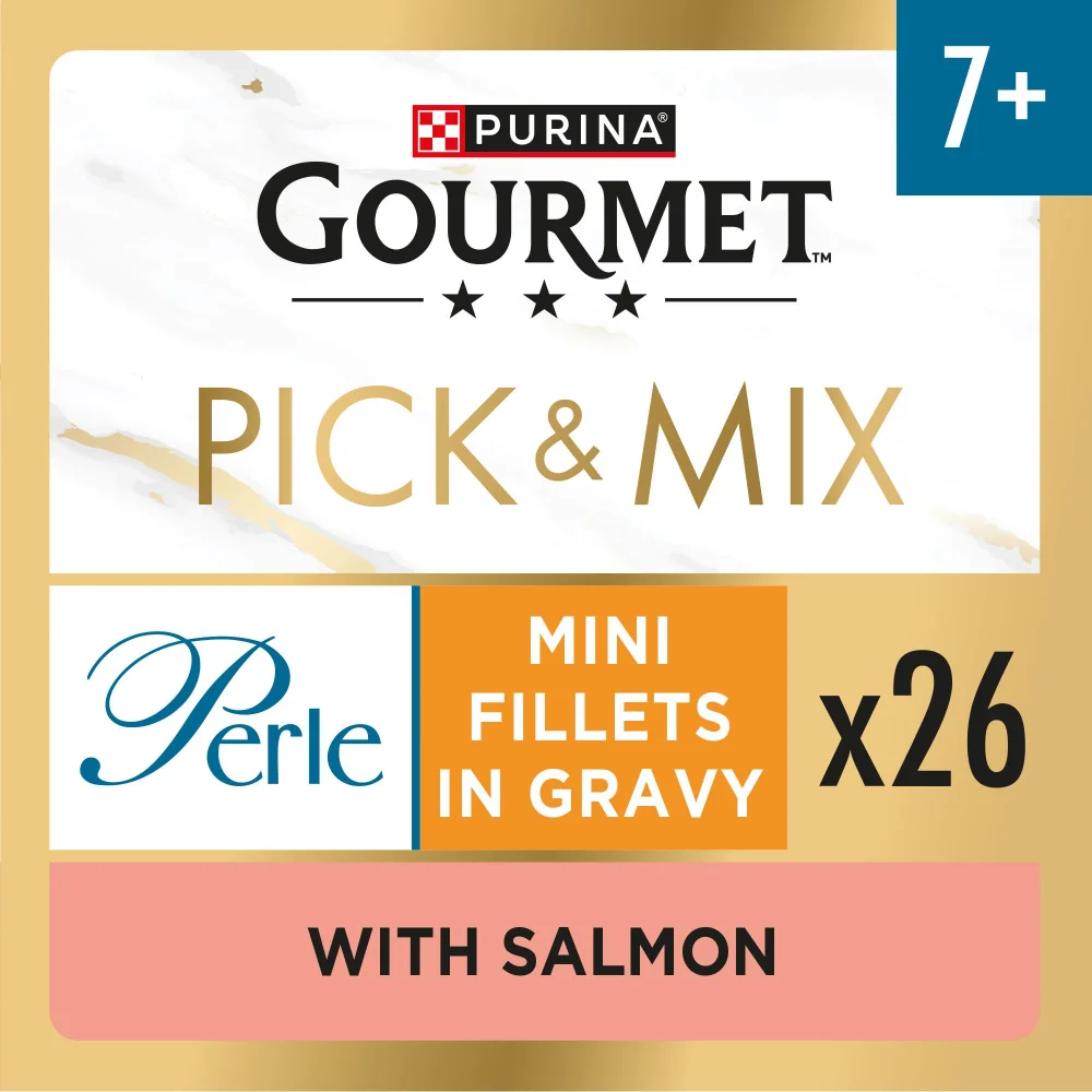 GOURMET Perle Senior 7+ Mini Fillets in Gravy with Salmon Wet Cat Food 26x85g Image 1