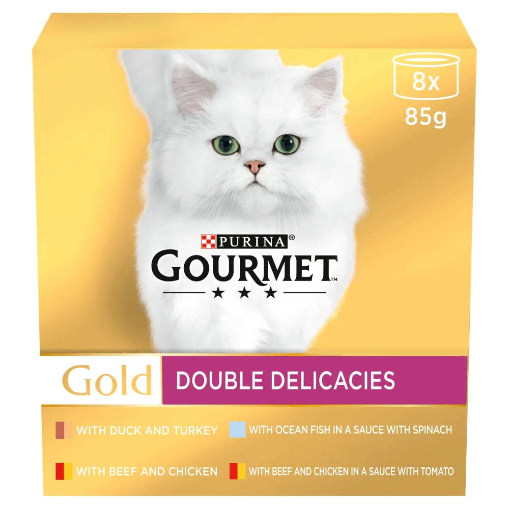 GOURMET Gold Double Delicacies with Beef & Chicken, Beef & Chicken with Tomato, Ocean Fish with Spinach, Duck & Turkey Wet Cat Food Can 8x85g Image 1