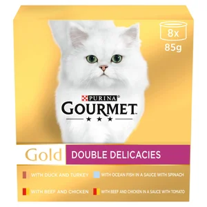 GOURMET Gold Double Delicacies with Beef & Chicken, Beef & Chicken with Tomato, Ocean Fish with Spinach, Duck & Turkey Wet Cat Food Can 8x85g