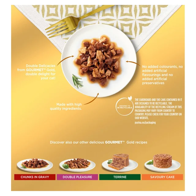 GOURMET Gold Double Delicacies with Beef & Chicken, Beef & Chicken with Tomato, Ocean Fish with Spinach, Duck & Turkey Wet Cat Food Can 8x85g