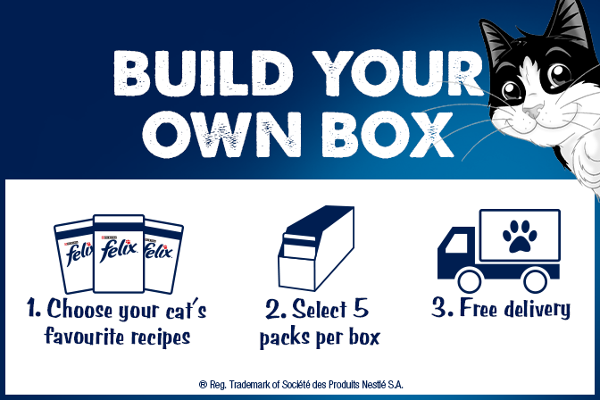 Build your own box. 1. Choose your cat's favourite recipes. 2. Select 5 packs per box. 3. Free delivery.