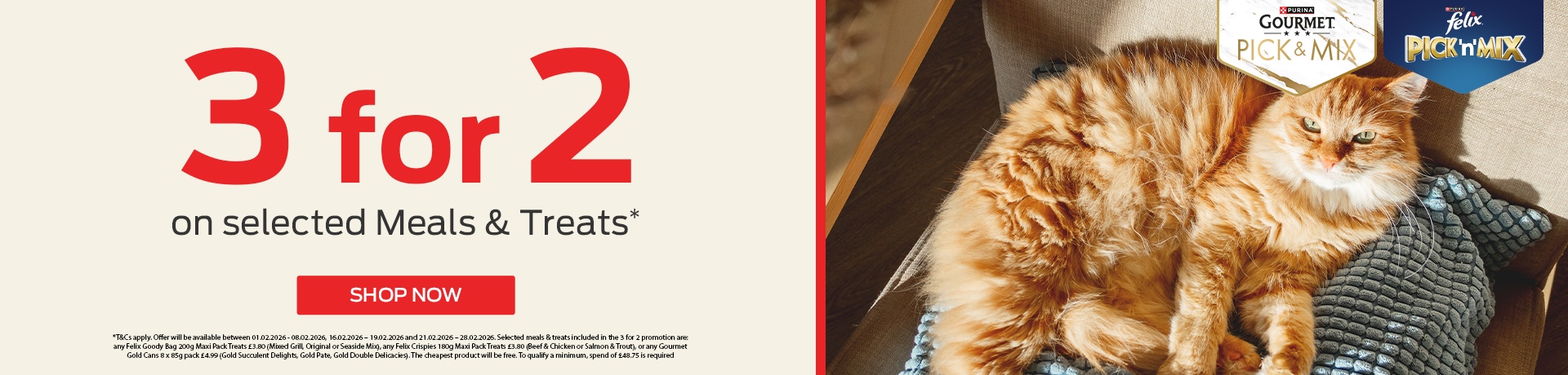 3 for 2 on selected meals and treats